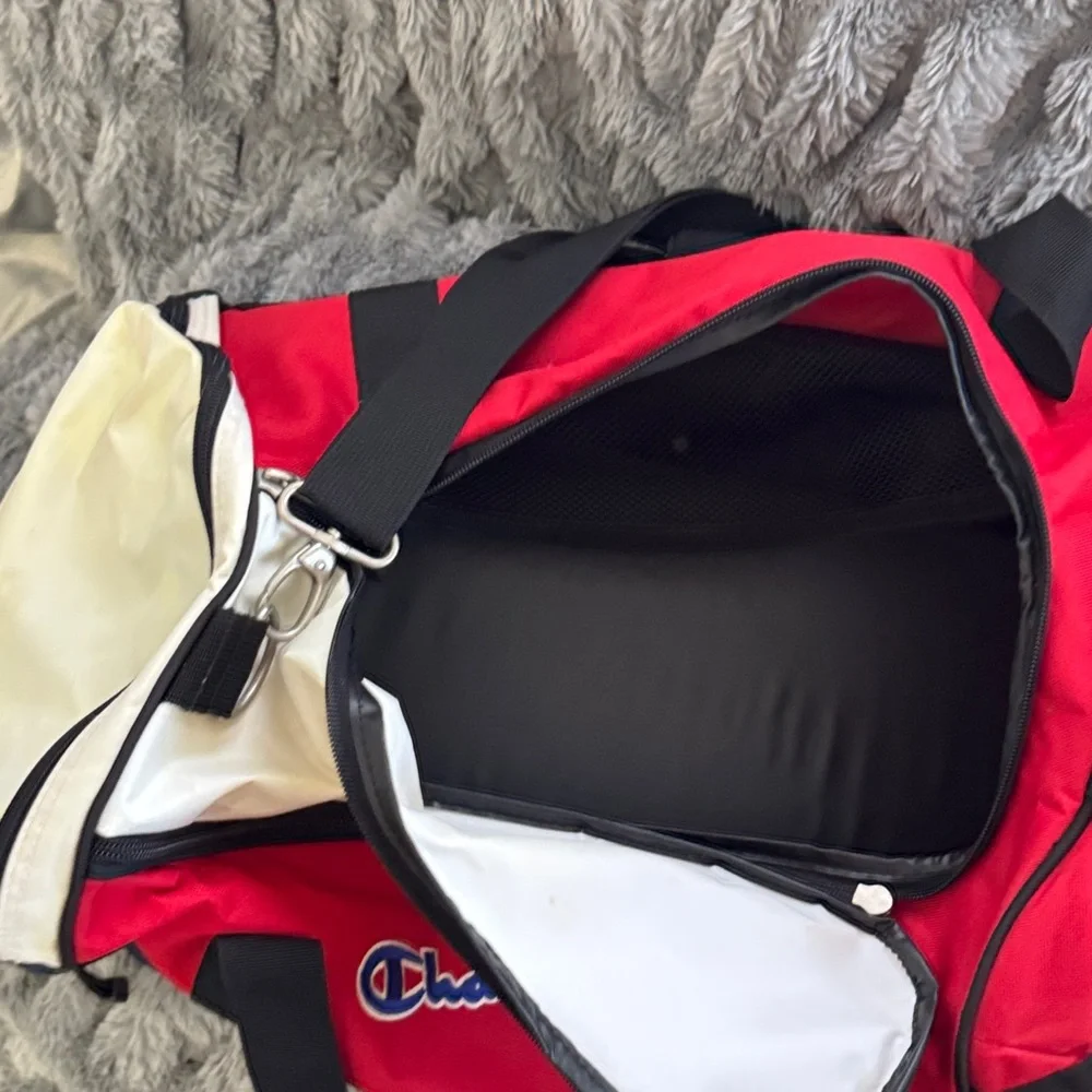 Champion Red, White, and Navy Colorblock Duffel Bag with Logo